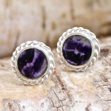 Load image into Gallery viewer, blue john silver stud earings round weave design by my handmade jewellery
