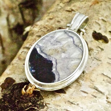 Load image into Gallery viewer, blue john and agate reversible pendant in sterling silver