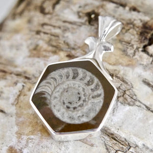 Hexagon Ammonite Pendant with Jet on the reverse