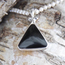 Load image into Gallery viewer, Whitby Jet Pendant with Blue John on the reverse. Triangle Design.