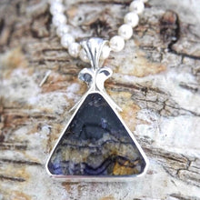 Load image into Gallery viewer, Blue John Pendant with Whitby Jet on the Reverse, Triangle Design.