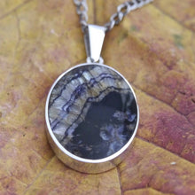 Load image into Gallery viewer, Blue John oval pendant with jet on the reverse