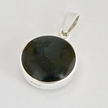 Load image into Gallery viewer, Whitby Jet Pendant with Rainbow Fluorite on the reverse.