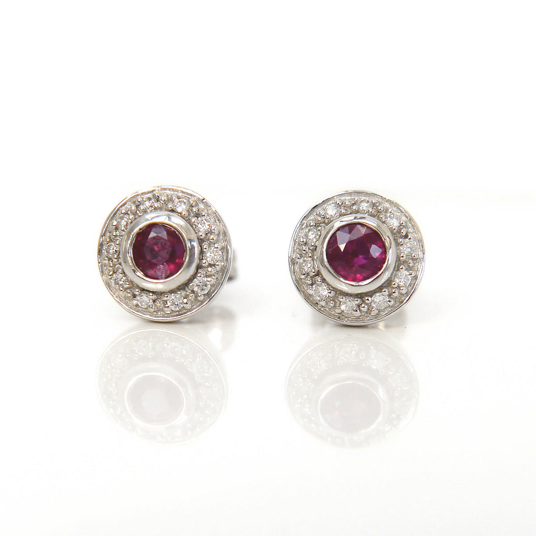 18ct White Gold Ruby and Diamond Halo Stud Earrings