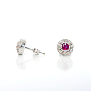 18ct White Gold Ruby and Diamond Halo Stud Earrings