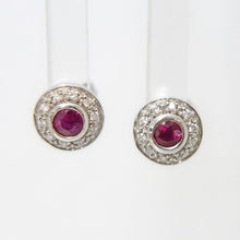 Load image into Gallery viewer, 18ct White Gold Ruby and Diamond Halo Stud Earrings