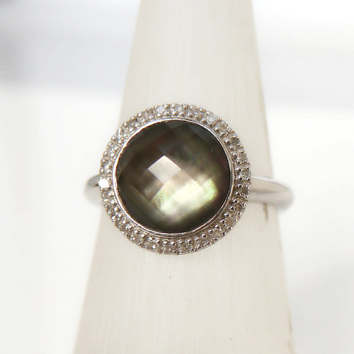 9ct White Gold Crystal, Mother of Pearl & Diamond Ring