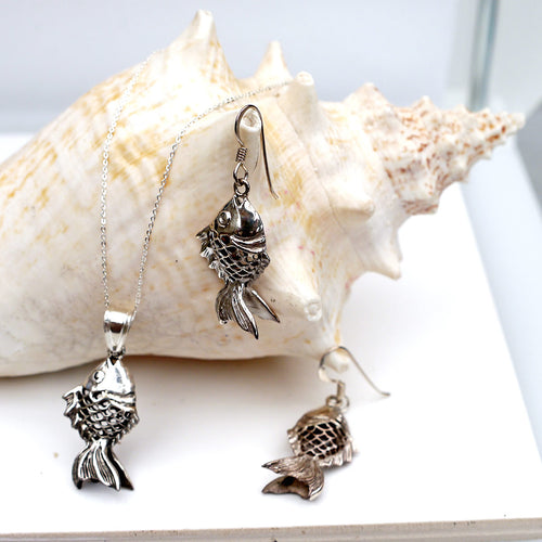 Fish Pendant and Fish Earrings Gift Set in Sterling Silver