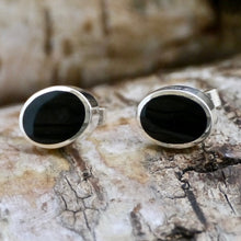 Load image into Gallery viewer, whitby jet silver stud earrings oval design by my handmade jewellery