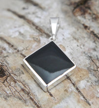 Load image into Gallery viewer, Whitby Jet Silver Pendant Diamond Square Design