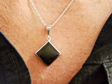 Load image into Gallery viewer, Whitby Jet Silver Pendant Diamond Square Design