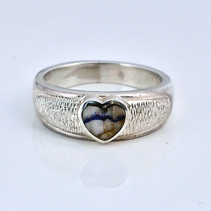 handmade silver ring with blue john heart