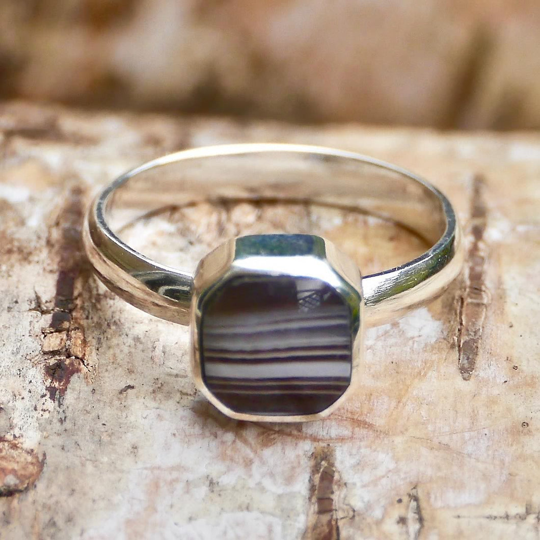 Banded Agate Square Silver Ring