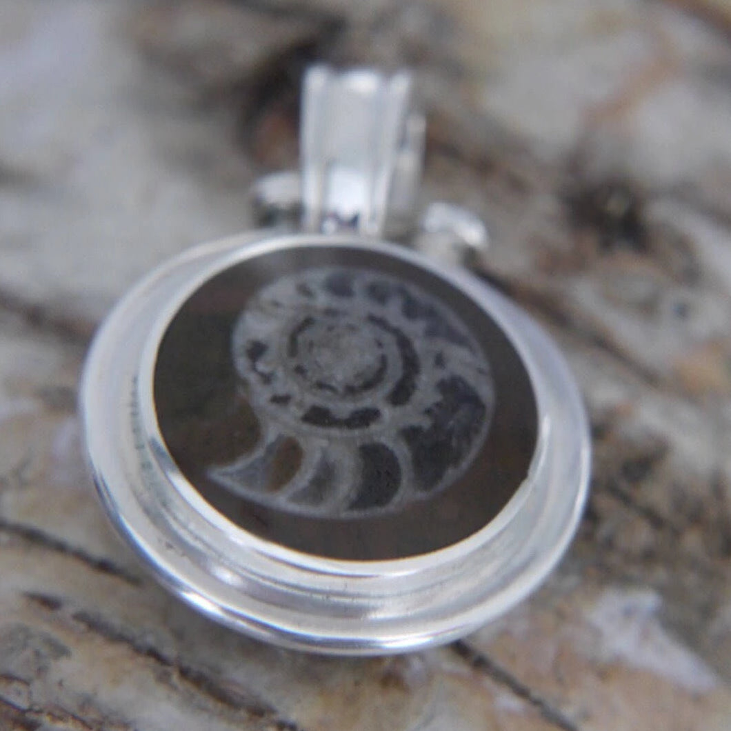 Ammonite Reversible Pendant with Whitby Jet