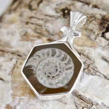 Load image into Gallery viewer, Hexagon Ammonite Pendant with Jet on the reverse