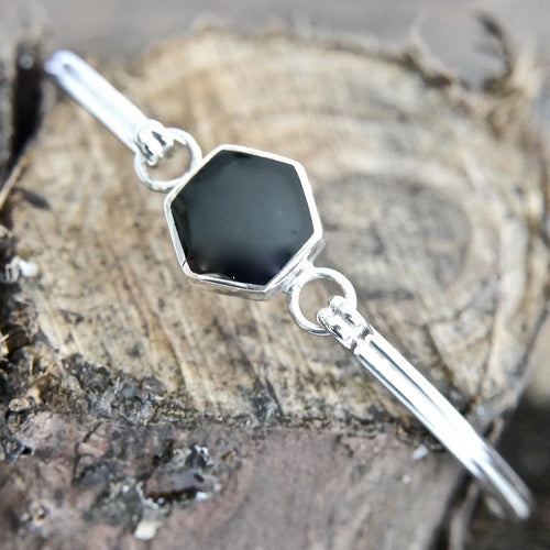 Whitby Jet Silver Bangle Hexagon Design