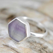 Load image into Gallery viewer, Rainbow Fluorite Silver Ring Hexagon Design