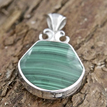 Load image into Gallery viewer, Malachite Pendant with Blue John on the reverse side.