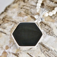 Load image into Gallery viewer, Hexagon Jet Pendant with Ammonite on the reverse.