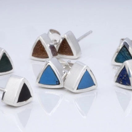 Gemstone Triangle Silver Stud Earrings