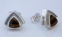 Load image into Gallery viewer, Tiger Eye Triangle Silver Stud Earrings